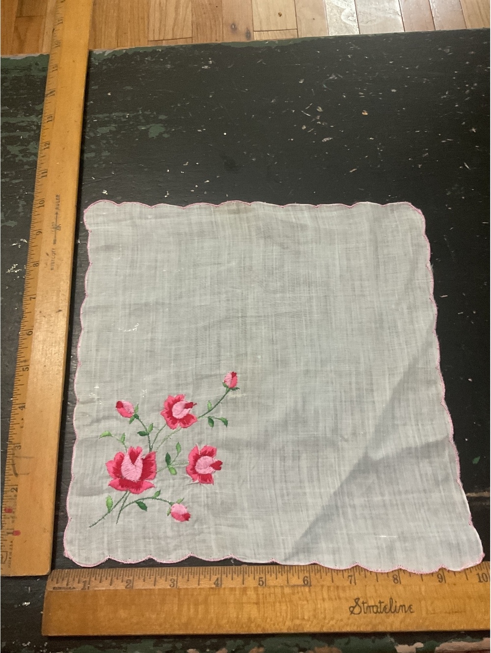 Vintage White Linen Handkerchief with Pink Floral Embroidery